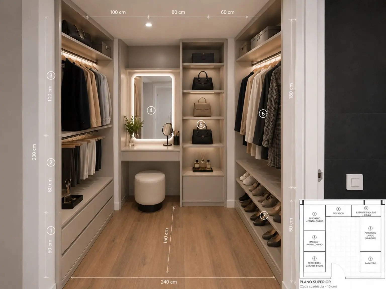 Diseño de vestidor a medida con plano y medidas de BNZ Mueble