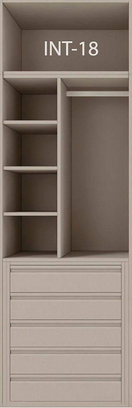 Interior de armario a medida con cajonera, barras y baldas modelo INT-18 de BNZ Mueble