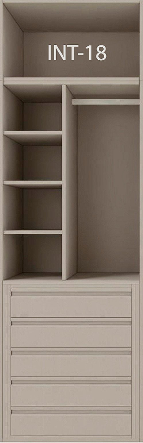 Interior de armario a medida con cajonera, barras y baldas modelo INT-18 de BNZ Mueble