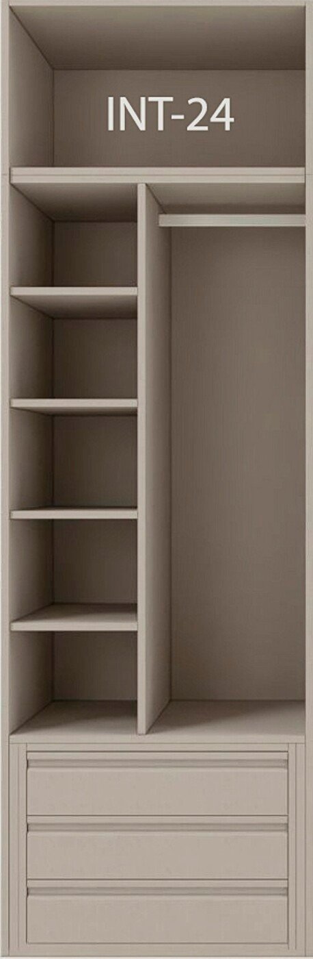 Interior de armario a medida con cajonera, barras y baldas modelo INT-24 de BNZ Mueble