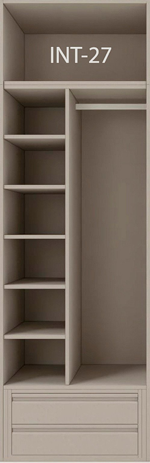 Interior de armario a medida con cajonera, barras y baldas modelo INT-27 de BNZ Mueble