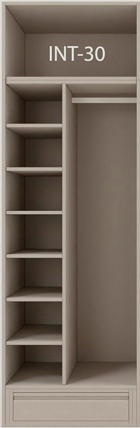 Interior de armario a medida con cajonera, barras y baldas modelo INT-30 de BNZ Mueble
