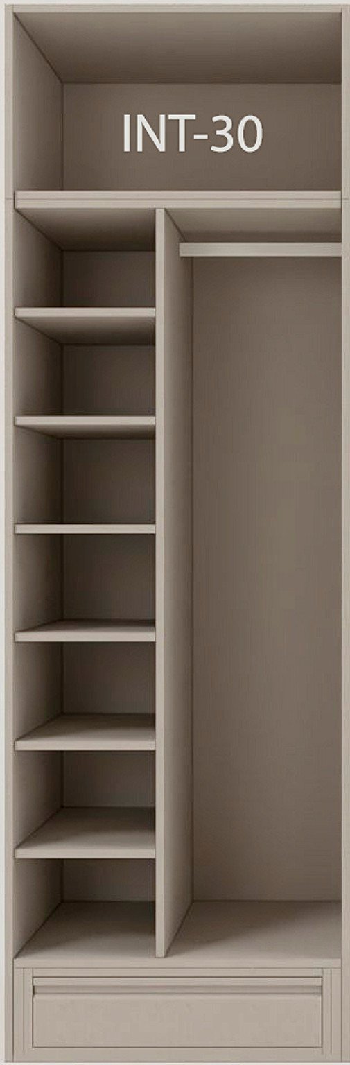 Interior de armario a medida con cajonera, barras y baldas modelo INT-30 de BNZ Mueble