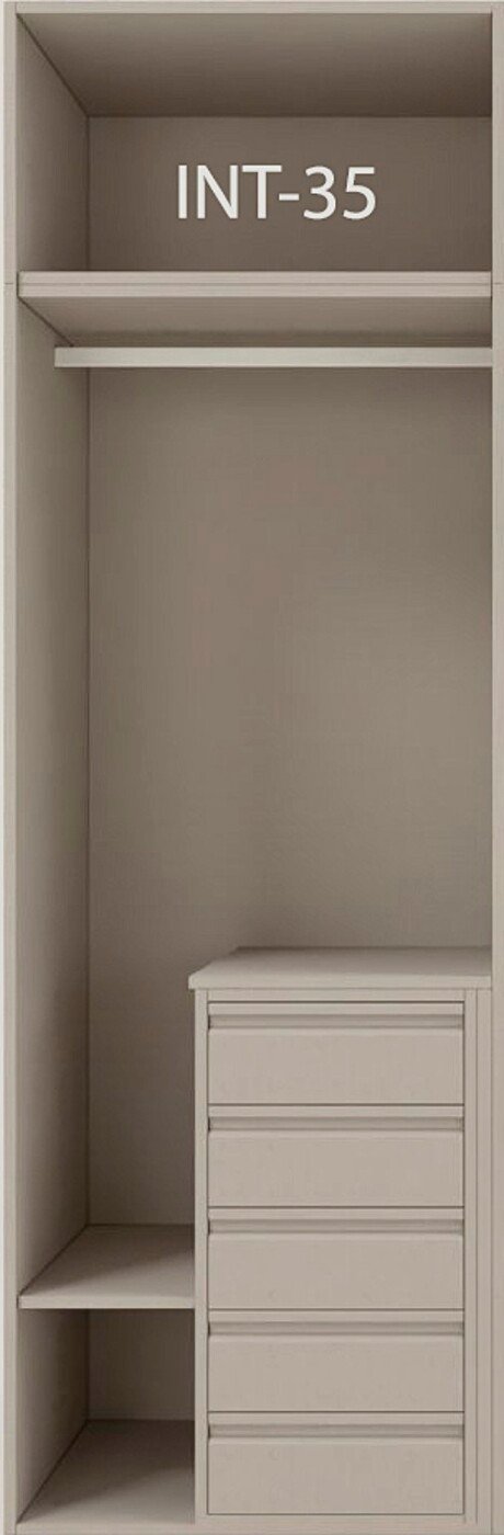 Interior de armario a medida con cajonera, barras y baldas modelo INT-35 de BNZ Mueble