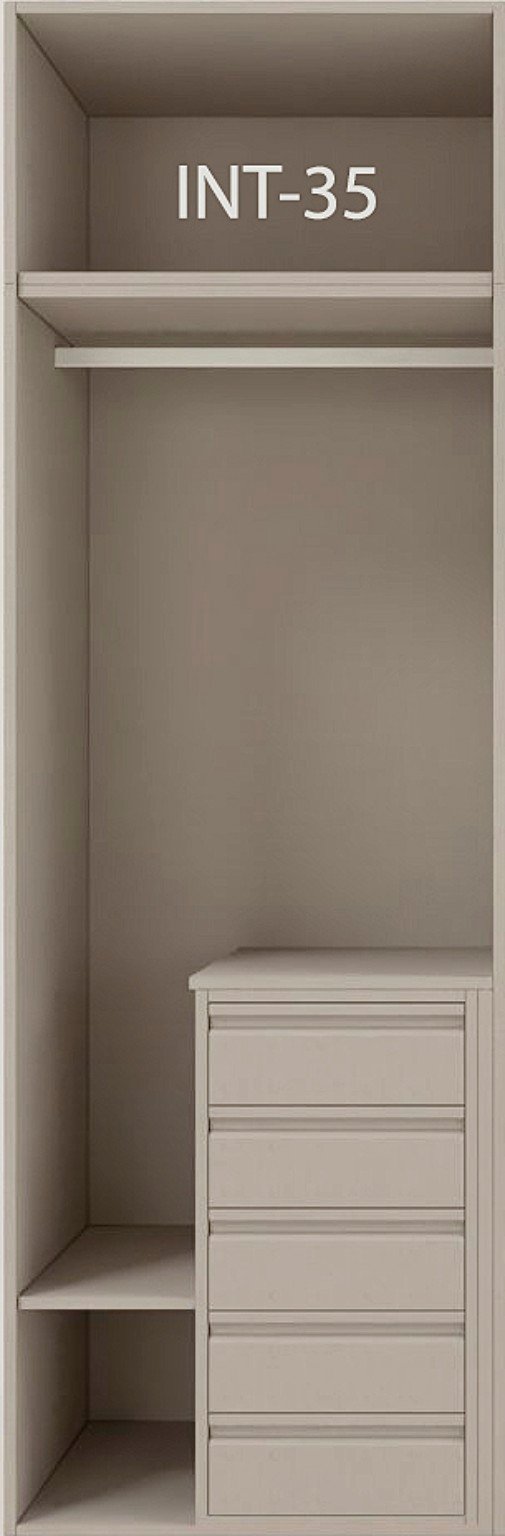 Interior de armario a medida con cajonera, barras y baldas modelo INT-35 de BNZ Mueble