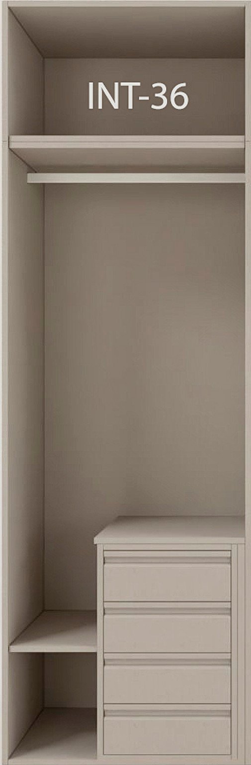 Interior de armario a medida con cajonera, barras y baldas modelo INT-36 de BNZ Mueble