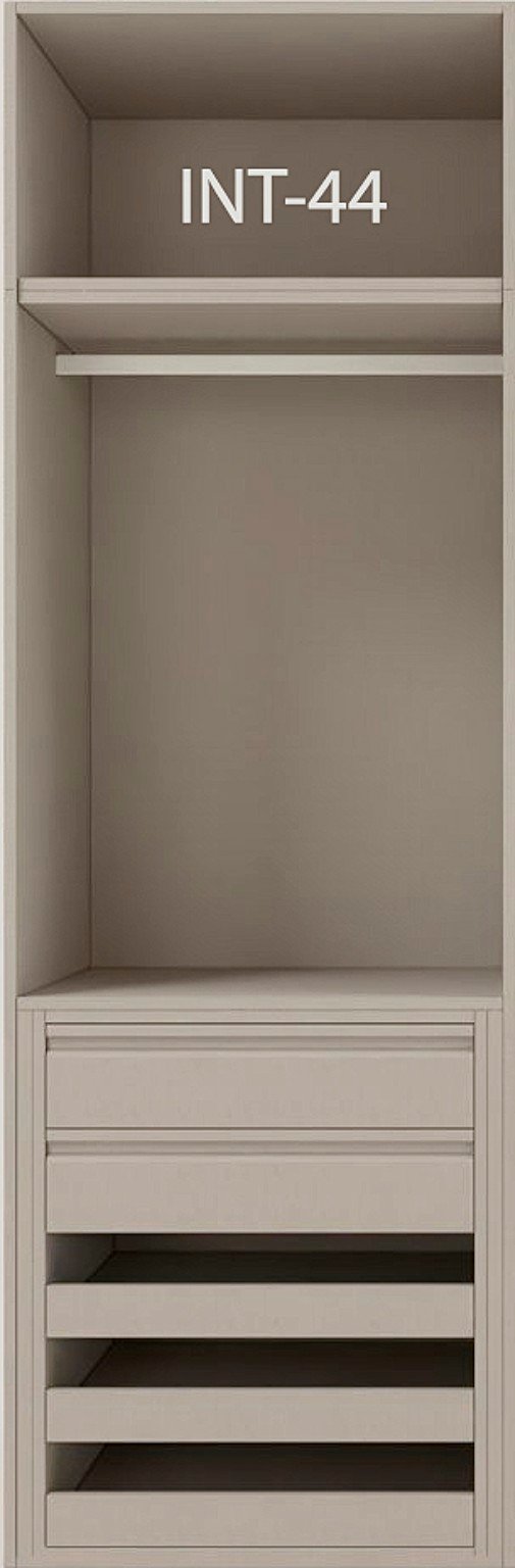 Interior de armario a medida con cajonera, barras y baldas modelo INT-44 de BNZ Mueble