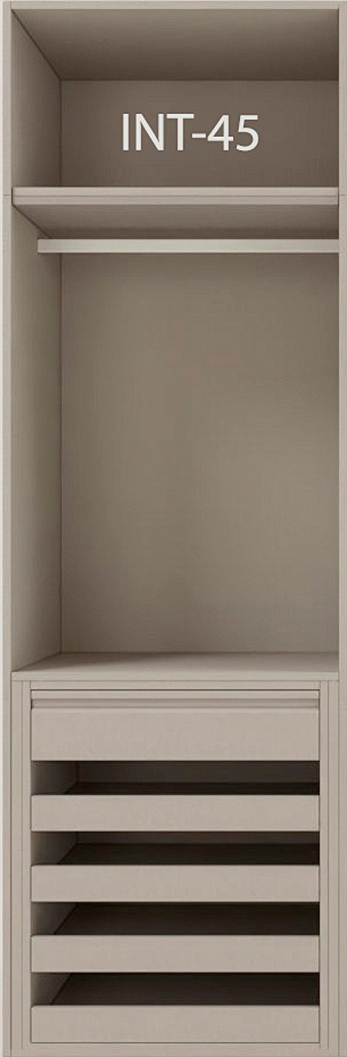 Interior de armario a medida con cajonera, barras y baldas modelo INT-45 de BNZ Mueble